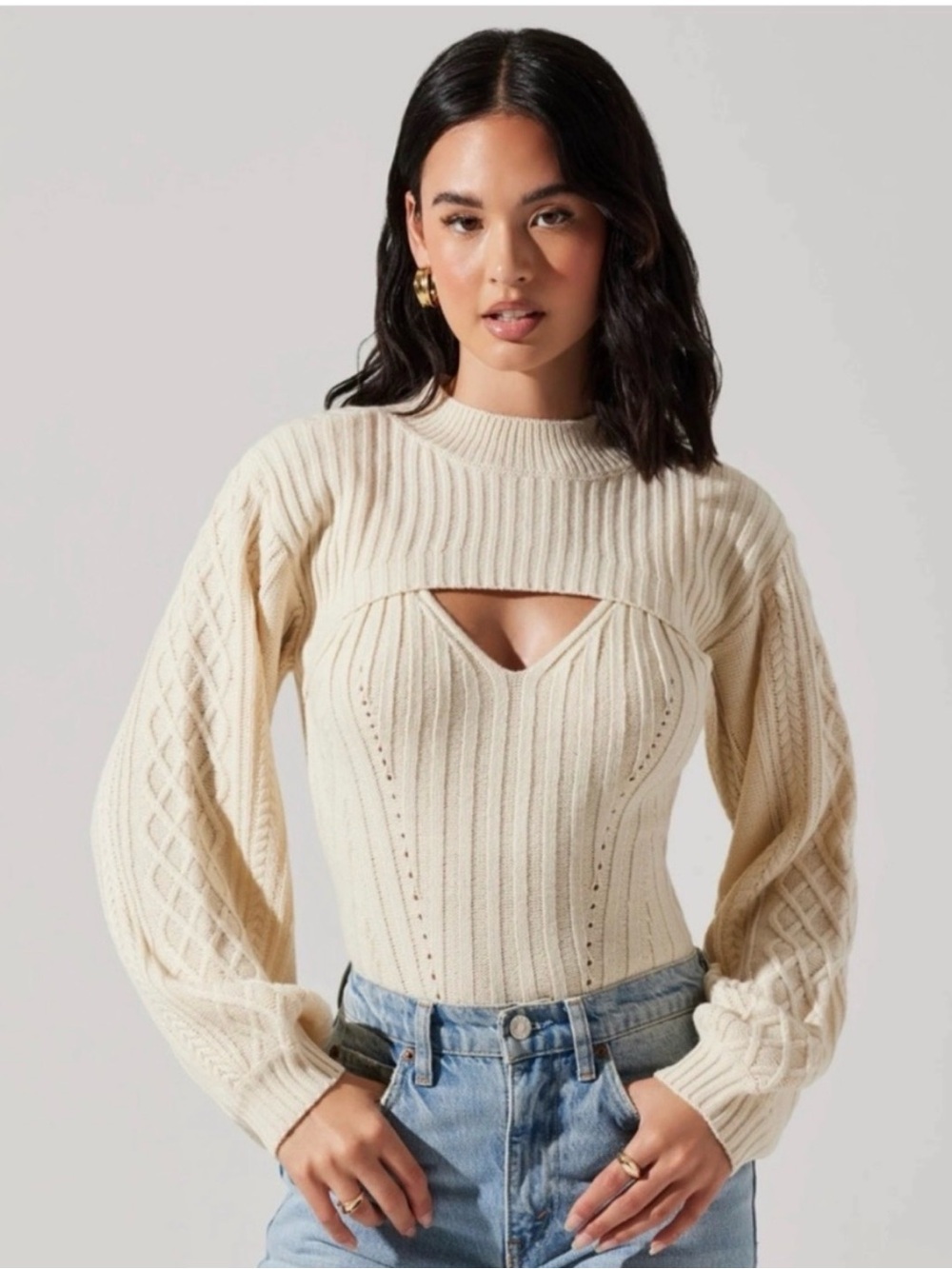 ASTR Cream Ribbed Cutout Knit Sweater